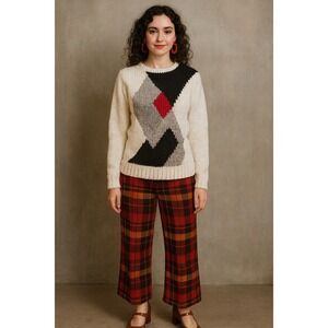 Retro Vintage Artsy 80s Hand Knit Cream Black Gray Red L Sweater Argyle Diamond